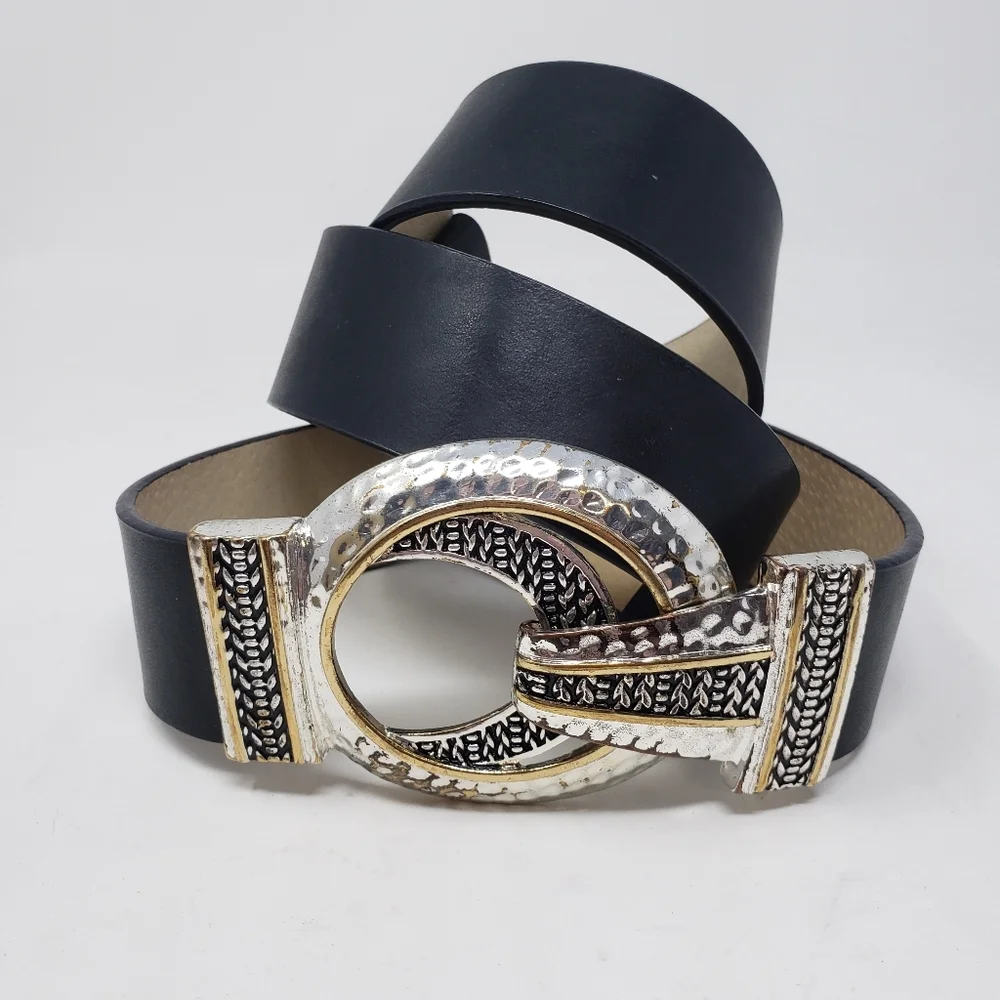 Chico’s Black Leather Women’s Slide Statement Belt with Silver Hook Buckle M/L